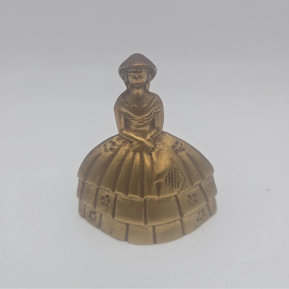 Vintage Brass Lady Bell Crinoline Dress Figural Table Bell Made in India 3